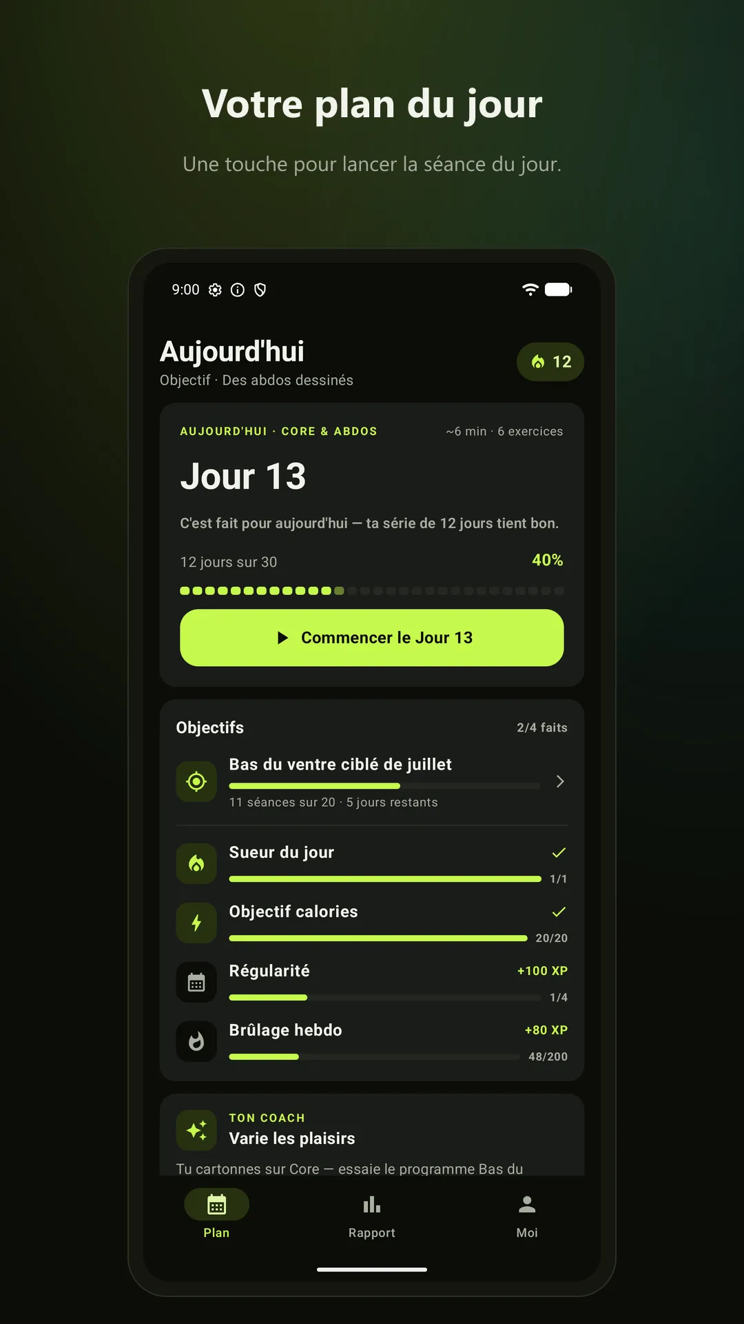 30 Day Abs — Votre programme du jour. Une touche lance la séance.