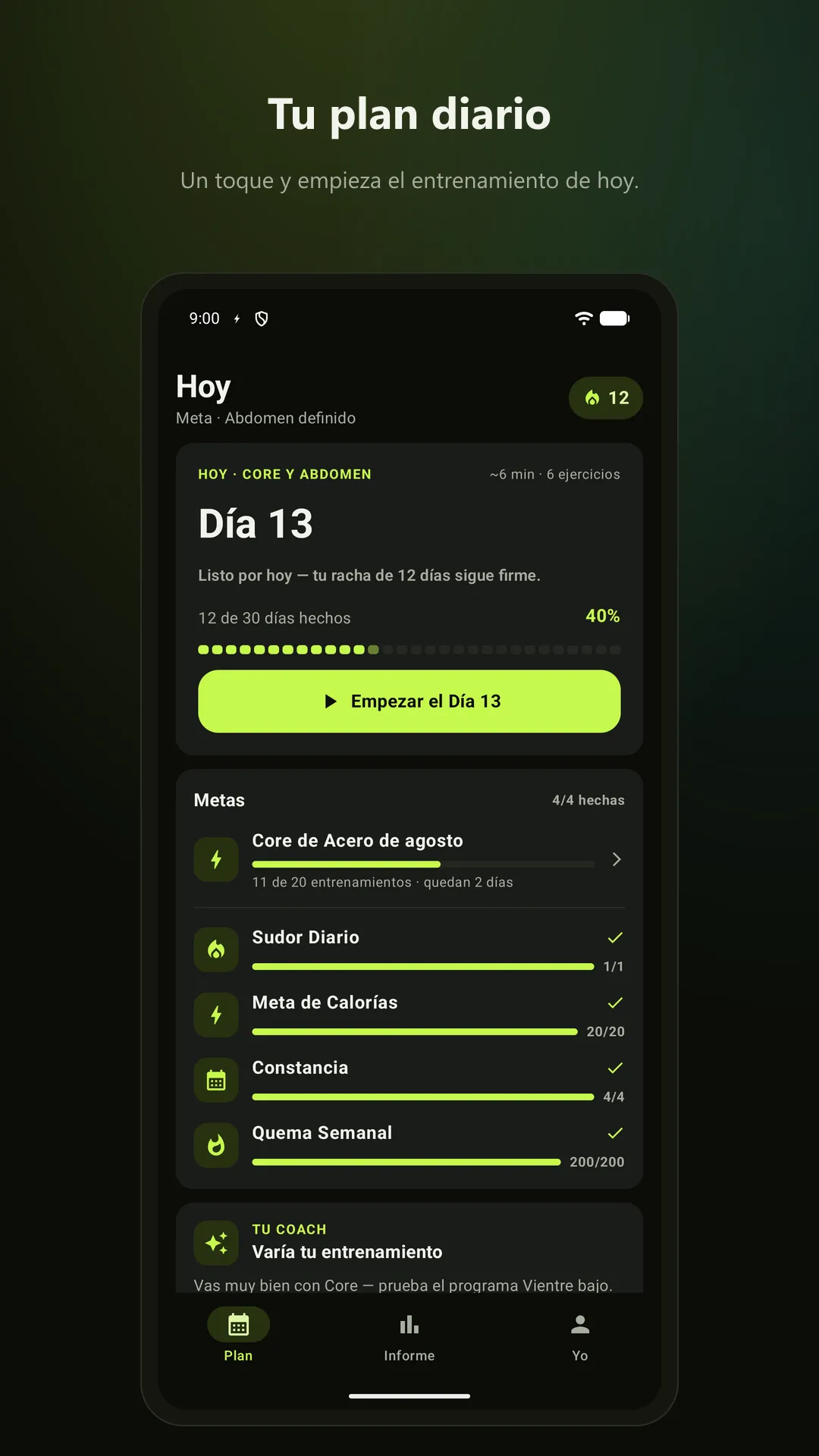 30 Day Abs — Tu plan diario. Un toque y empieza el entrenamiento de hoy.