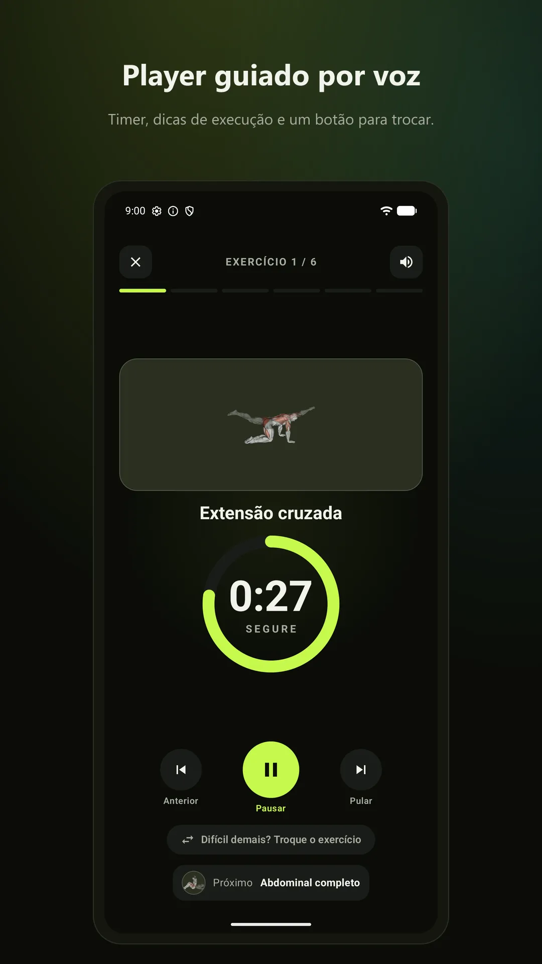 30 Day Abs — Treino guiado por voz. Tempo, dicas de execução e troca de exercício.