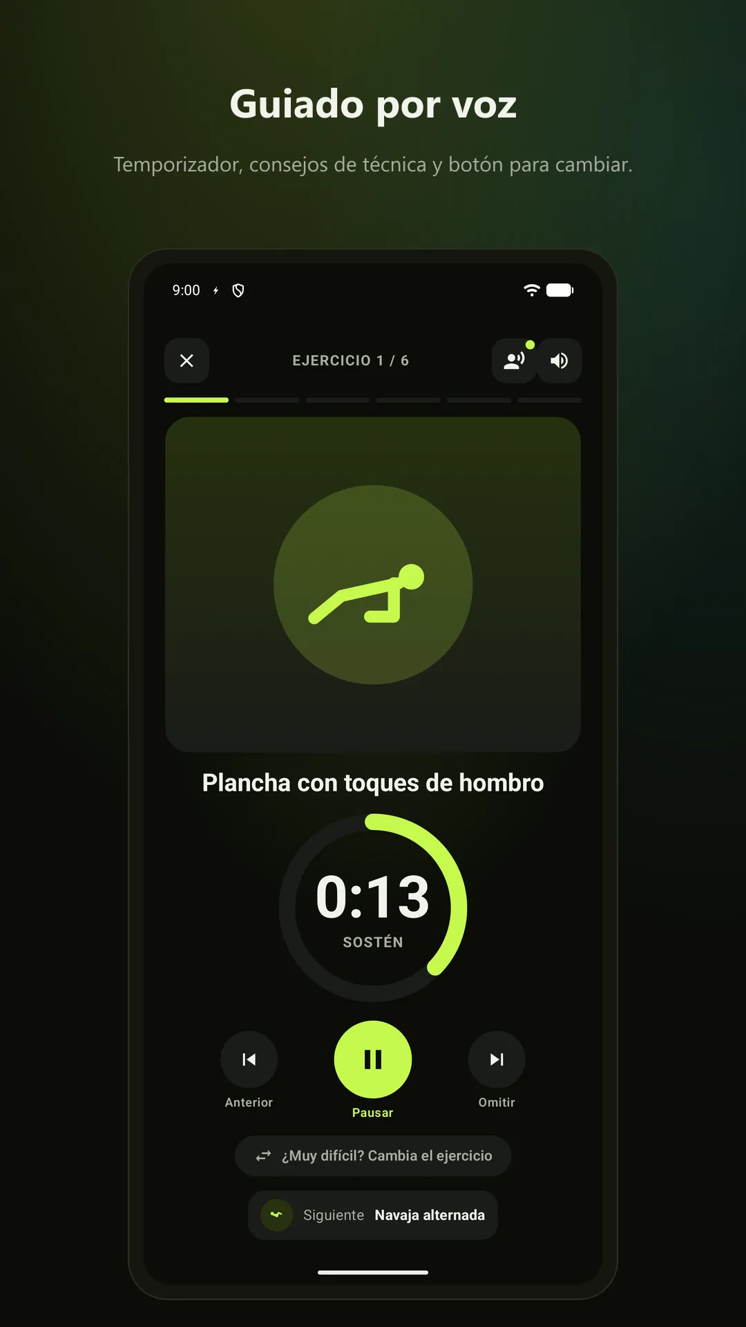 30 Day Abs — Entrenamiento guiado por voz. Temporizador, consejos de técnica y cambio de ejercicio.