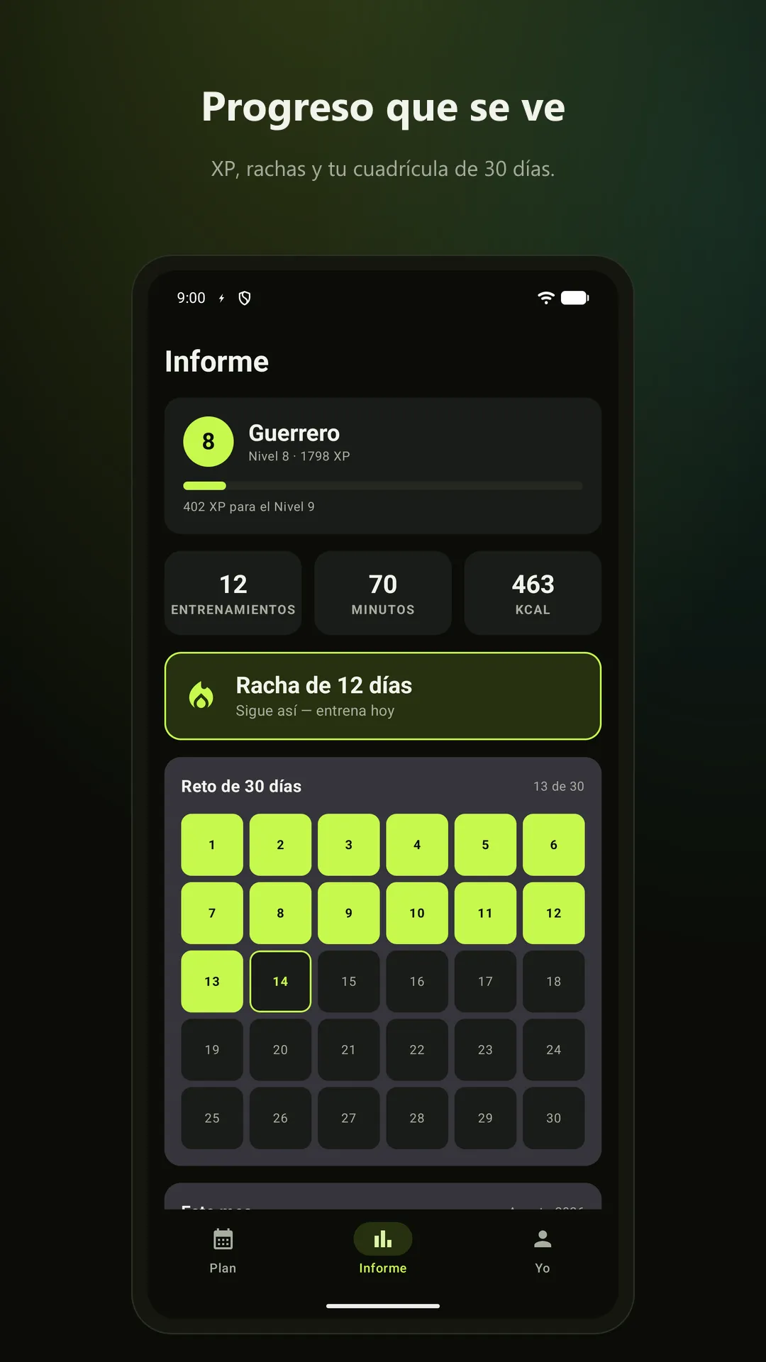 30 Day Abs — Progreso que se ve. Días completados, gráficas y logros.