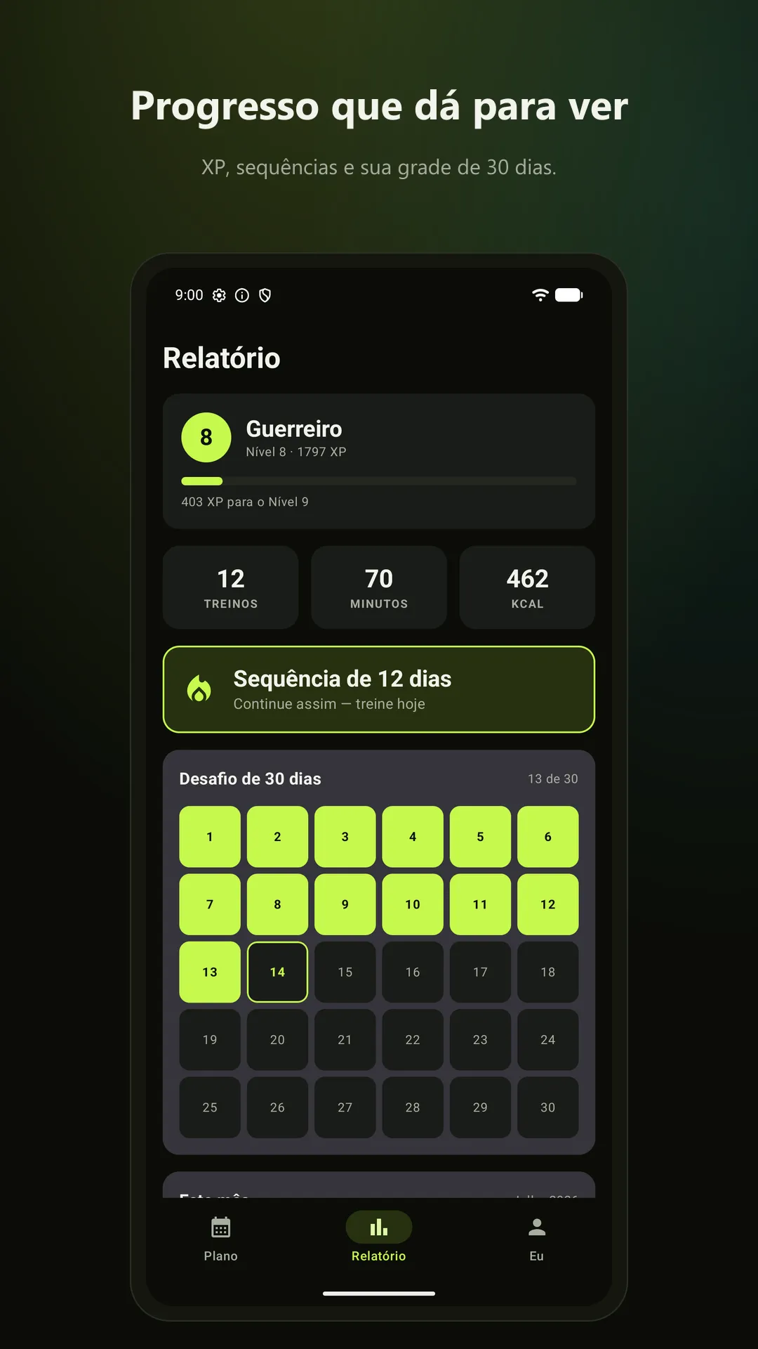 30 Day Abs — Progresso que dá para ver. Dias concluídos, gráficos e conquistas.